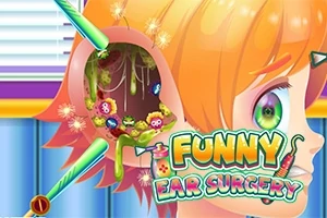 Illustration af et tegneserieøre med farverige bakterier og værktøjer i et kirurgisk tema, med teksten Funny Ear Surgery i forgrunden