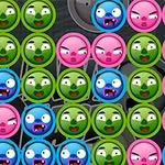 Seks rækker af farverige, cirkulære ansigter i pink, grøn og blå med forskellige udtryk på en mørk baggrund
