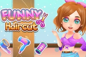 Tegneseriefigur med brunt hår i lilla tøj ved siden af titlen Funny Haircut og ikoner af frisørsalonredskaber