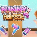 Tegneseriefigur med brunt hår i lilla tøj ved siden af titlen Funny Haircut og ikoner af frisørsalonredskaber