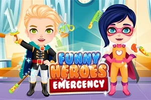 To an animerede figurer klædt som superhelte med teksten Funny Heroes Emergency foran dem