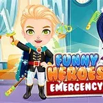 To an animerede figurer klædt som superhelte med teksten Funny Heroes Emergency foran dem