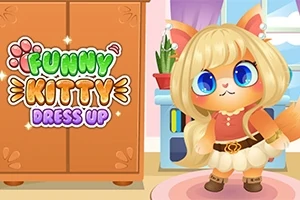 Et sødt, animeret katte-karakter med stort, blåt øjne og en blond paryk står i et farverigt rum ved siden af teksten Funny Kitty Dress Up
