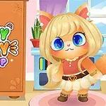 Et sødt, animeret katte-karakter med stort, blåt øjne og en blond paryk står i et farverigt rum ved siden af teksten Funny Kitty Dress Up