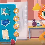 En animeret kat med orange hår og farverigt tøj står i et værelse med en tøjmenu til venstre