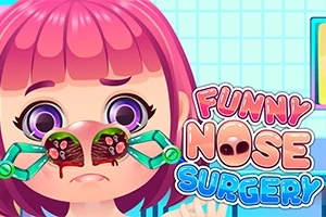 En tegneseriefigur med pink hår får en næseoperation med to pincetter, mens teksten Funny Nose Surgery er vist