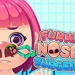 En tegneseriefigur med pink hår får en næseoperation med to pincetter, mens teksten Funny Nose Surgery er vist