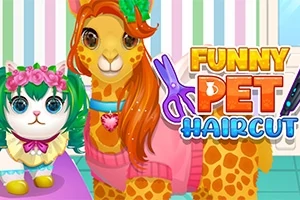 En farverig illustration med en kat og en giraf iført tøj og tilbehør, med teksten Funny Pet Haircut i baggrunden