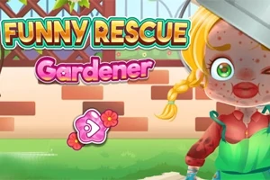 Tegneserieagtig illustration af en pigegartner med fregner, i lyseblåt og rødt tøj, foran en murstensvæg med teksten Funny Rescue Gardener