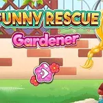 Tegneserieagtig illustration af en pigegartner med fregner, i lyseblåt og rødt tøj, foran en murstensvæg med teksten Funny Rescue Gardener