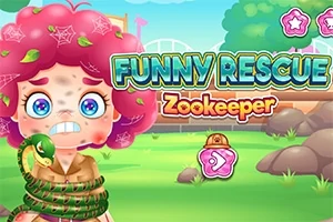 Tegnet figur med krøllet hår, omringet af grøn slange i en farverig udendørs scene med teksten Funny Rescue Zookeeper i baggrunden