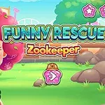 Tegnet figur med krøllet hår, omringet af grøn slange i en farverig udendørs scene med teksten Funny Rescue Zookeeper i baggrunden