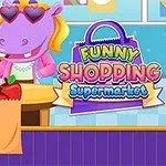 Flodhest iført solbriller og pink tøj betjener en kasseapparat i en farverig butik med teksten Funny Shopping Supermarket