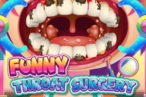 Et åbent gab med beskadigede tænder og betændte mandler, omgivet af farverige elementer og teksten FUNNY THROAT SURGERY