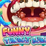 Et åbent gab med beskadigede tænder og betændte mandler, omgivet af farverige elementer og teksten FUNNY THROAT SURGERY