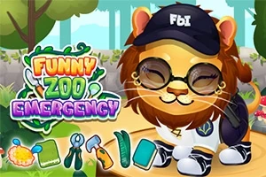 En tegneserie-løve iført solbriller og en hat med FBI står i en skov med forskellige redskaber og teksten Funny Zoo Emergency ved siden af