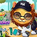 En tegneserie-løve iført solbriller og en hat med FBI står i en skov med forskellige redskaber og teksten Funny Zoo Emergency ved siden af