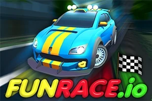 Blå racerbiler med gule striber kører hurtigt, med en ternet flag i baggrunden og farverig tekst FUNRACE