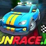Blå racerbiler med gule striber kører hurtigt, med en ternet flag i baggrunden og farverig tekst FUNRACE