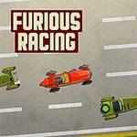 To racerbiler i stærke farver kører på en grå asfaltvej med teksten Furious Racing i øverste venstre hjørne