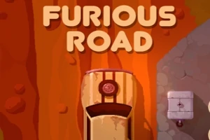 En orange bil set ovenfra kører på en vej med teksten Furious Road ovenover