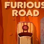En orange bil set ovenfra kører på en vej med teksten Furious Road ovenover