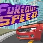 Rød sportsvogn på vej foran en moderne byskyskraber, med teksten Furious Speed i baggrunden