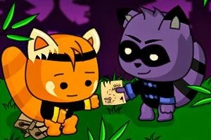 To tegneseriefigurer, en orange panda og en lilla vaskebjørn, der interagerer med hinanden i et naturscenarie med grønne planter