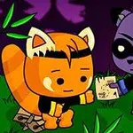 To tegneseriefigurer, en orange panda og en lilla vaskebjørn, der interagerer med hinanden i et naturscenarie med grønne planter