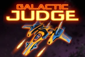 Et futuristisk rumskib med levende farver flyver med ildspor under teksten GALACTIC JUDGE på en mørk baggrund