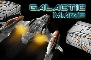 Et rumskib med lysstråler bevæger sig mellem metalliske blokke i rummet med teksten Galactic Maze øverst