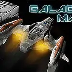 Et rumskib med lysstråler bevæger sig mellem metalliske blokke i rummet med teksten Galactic Maze øverst