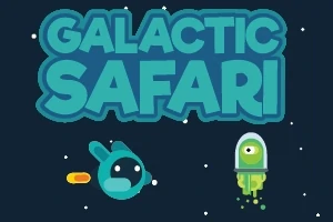 Teksten GALACTIC SAFARI øverst med en blå rumvæsen og en lille grøn alien i en raket på mørkeblå baggrund med stjerner