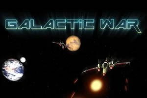 Teksten GALACTIC WAR står over et rumskib i kamp med planeter i baggrunden
