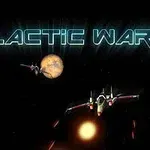 Teksten GALACTIC WAR står over et rumskib i kamp med planeter i baggrunden