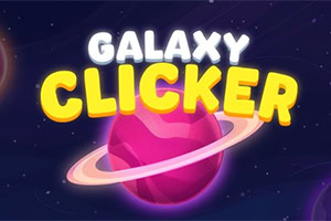 Teksten GALAXY CLICKER over en lilla planet med en lysende ring i et stjernefyldt rum