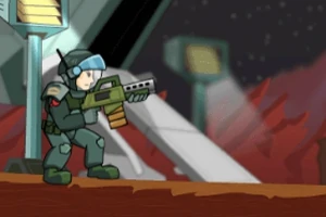 En animeret soldat i fuld kampuniform med hjelm og gevær står klar i et futuristisk rumlandskab med rødlige bjerge og baggrundsstrukturer
