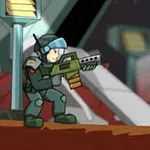 En animeret soldat i fuld kampuniform med hjelm og gevær står klar i et futuristisk rumlandskab med rødlige bjerge og baggrundsstrukturer