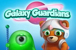 En tegneserie bjørn i rumhjelm står ved siden af en grøn enøjet skabning, med teksten Galaxy Guardians over dem