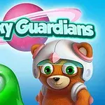 En tegneserie bjørn i rumhjelm står ved siden af en grøn enøjet skabning, med teksten Galaxy Guardians over dem