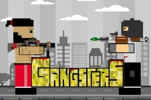 To pixelkunst-figurer med pistoler står på hver sin side af teksten Gangsters i en bybaggrund med skyer