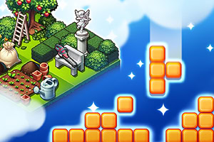 Haveområde med træer, statue og redskaber kombineret med blokke i forskellige former på en blå baggrund med skyer