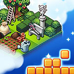 Haveområde med træer, statue og redskaber kombineret med blokke i forskellige former på en blå baggrund med skyer