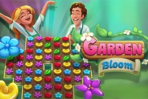 To glade figurer står ved siden af et farverigt blomsterbræt med teksten Garden Bloom omgivet af blomster og blade