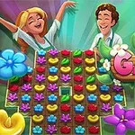 To glade figurer står ved siden af et farverigt blomsterbræt med teksten Garden Bloom omgivet af blomster og blade