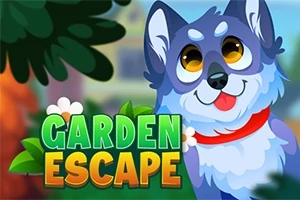 Illustration af en glad, blåt og hvid hund med en rød halsbånd ved siden af teksten Garden Escape med grønne blade og blomster omkring