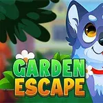 Illustration af en glad, blåt og hvid hund med en rød halsbånd ved siden af teksten Garden Escape med grønne blade og blomster omkring