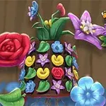 Farverig buket blomster med levende farver og forskellige blomster, med et logo i øverste højre hjørne