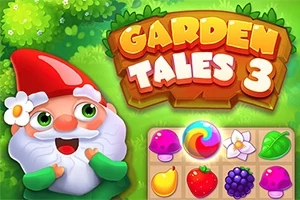 En glad nisse med en blomst i hatten ses ved siden af et farverigt spillebræt med frugter og symboler, omgivet af grønne omgivelser