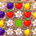 Farverige bær og frugter, herunder jordbær, pærer og lilla bær, arrangeret i et mønster sammen med hvide blomster på et ternet baggrund